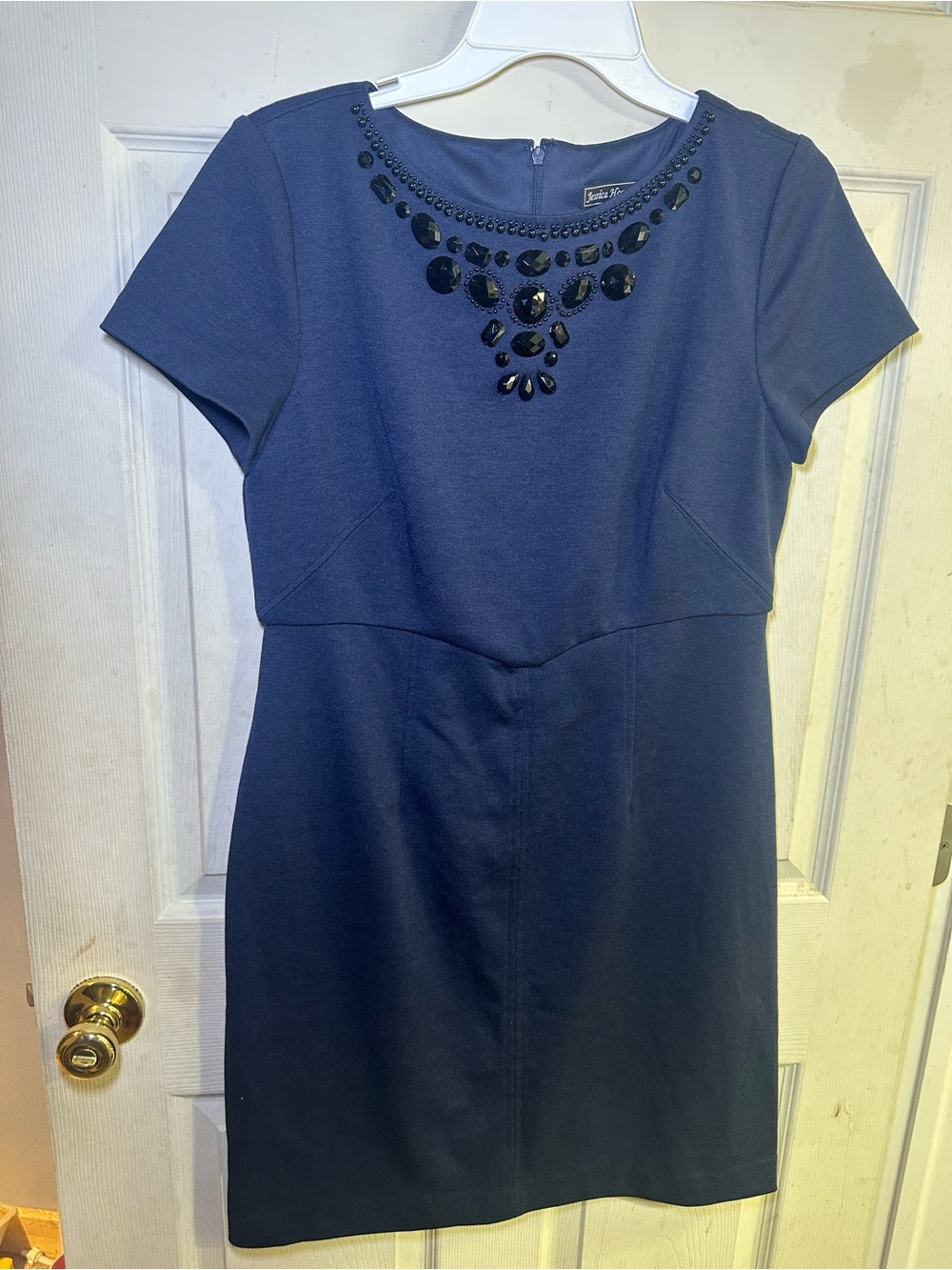 Jessica Howard Navy Short Sleeve Sheath Dress with Beaded Neckline